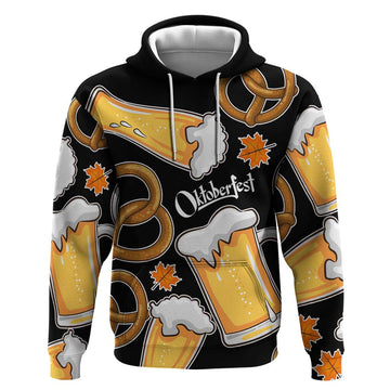 Oktoberfest Hoodie with Beer Mug and Pretzel Illustration Black Festive TS04