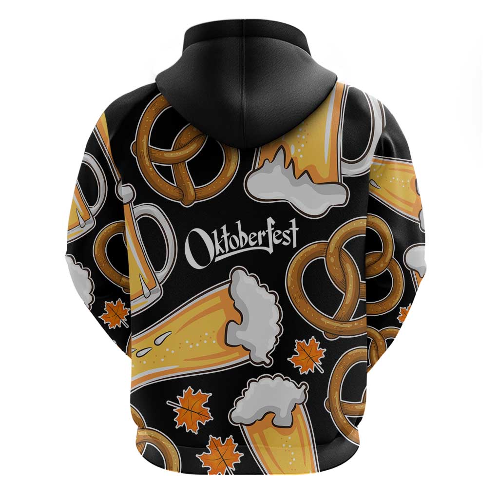 Oktoberfest Hoodie with Beer Mug and Pretzel Illustration Black Festive TS04