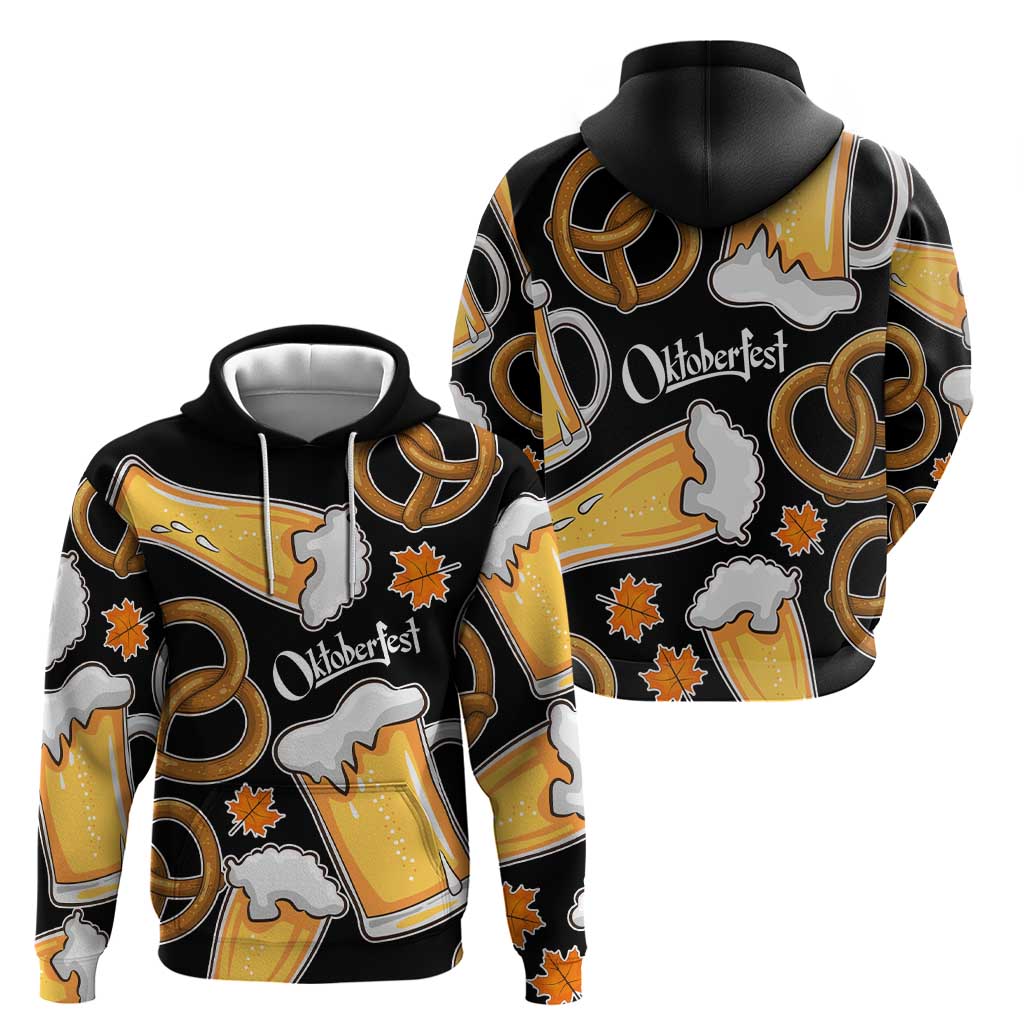 Oktoberfest Hoodie with Beer Mug and Pretzel Illustration Black Festive TS04