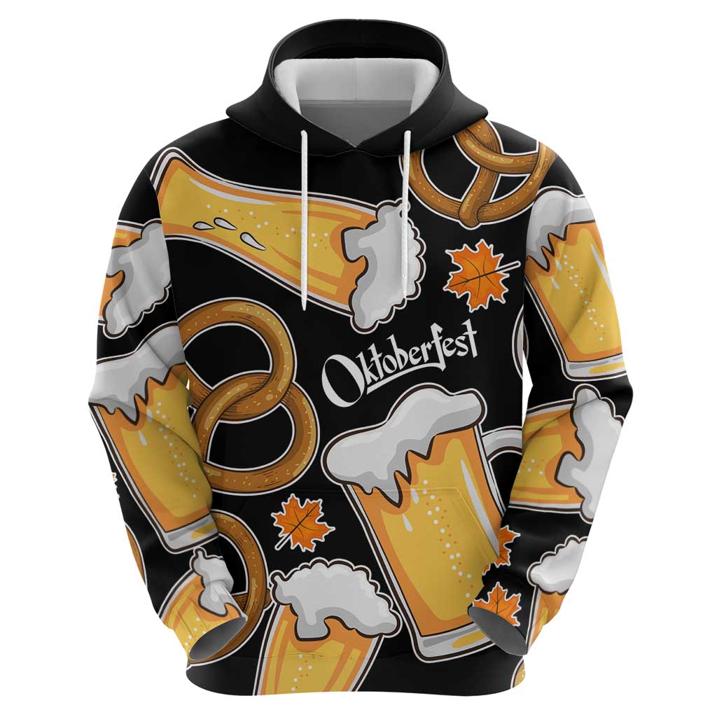Oktoberfest Hoodie with Beer Mug and Pretzel Illustration Black Festive TS04