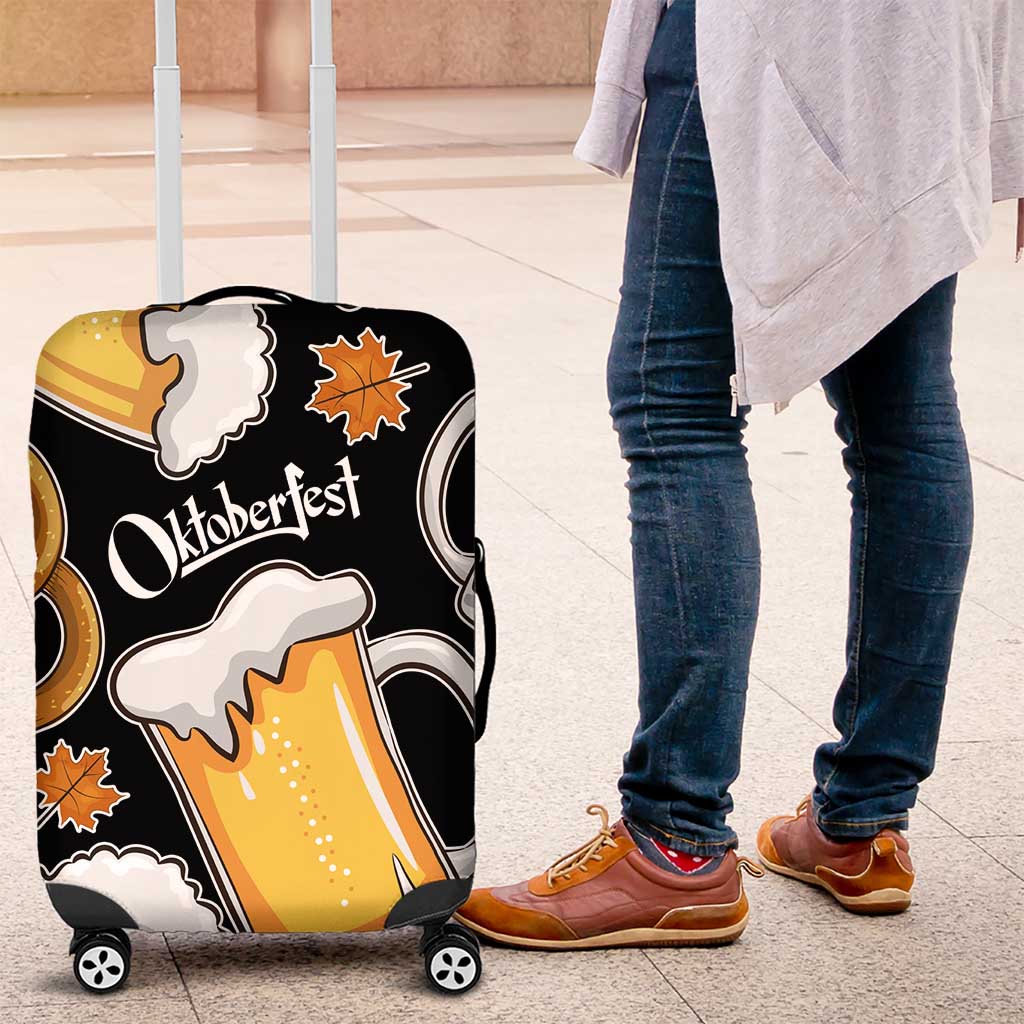 Oktoberfest Luggage Cover with Beer Mug and Pretzel Illustration Black Festive TS04