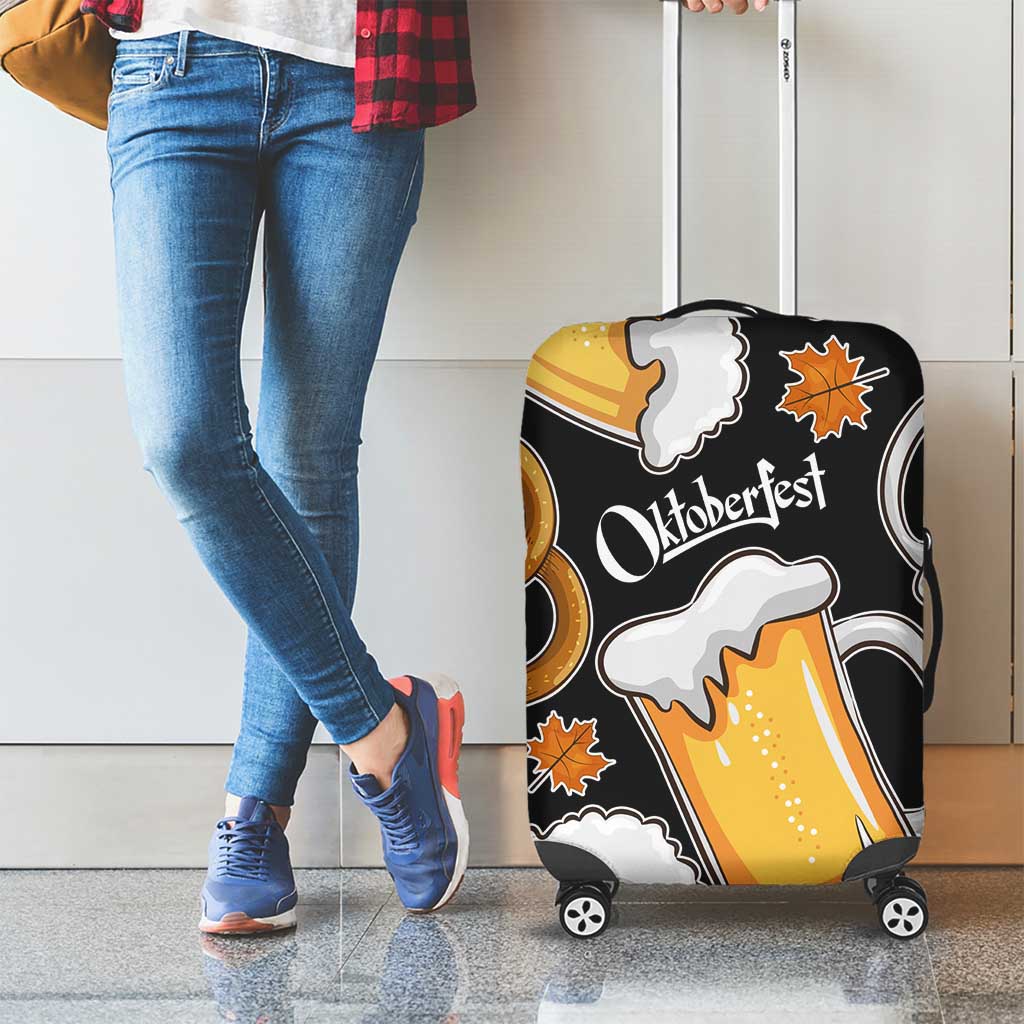 Oktoberfest Luggage Cover with Beer Mug and Pretzel Illustration Black Festive TS04