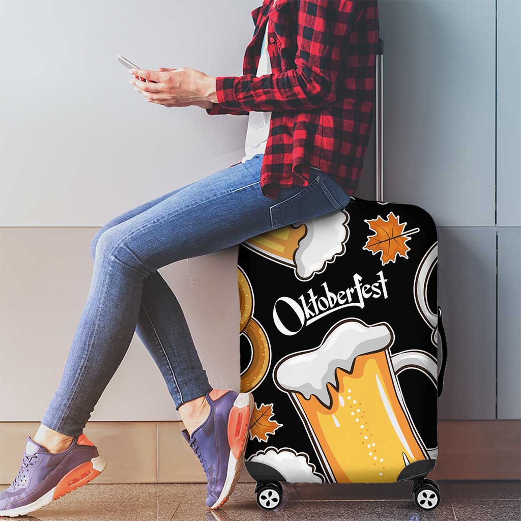 Oktoberfest Luggage Cover with Beer Mug and Pretzel Illustration Black Festive TS04