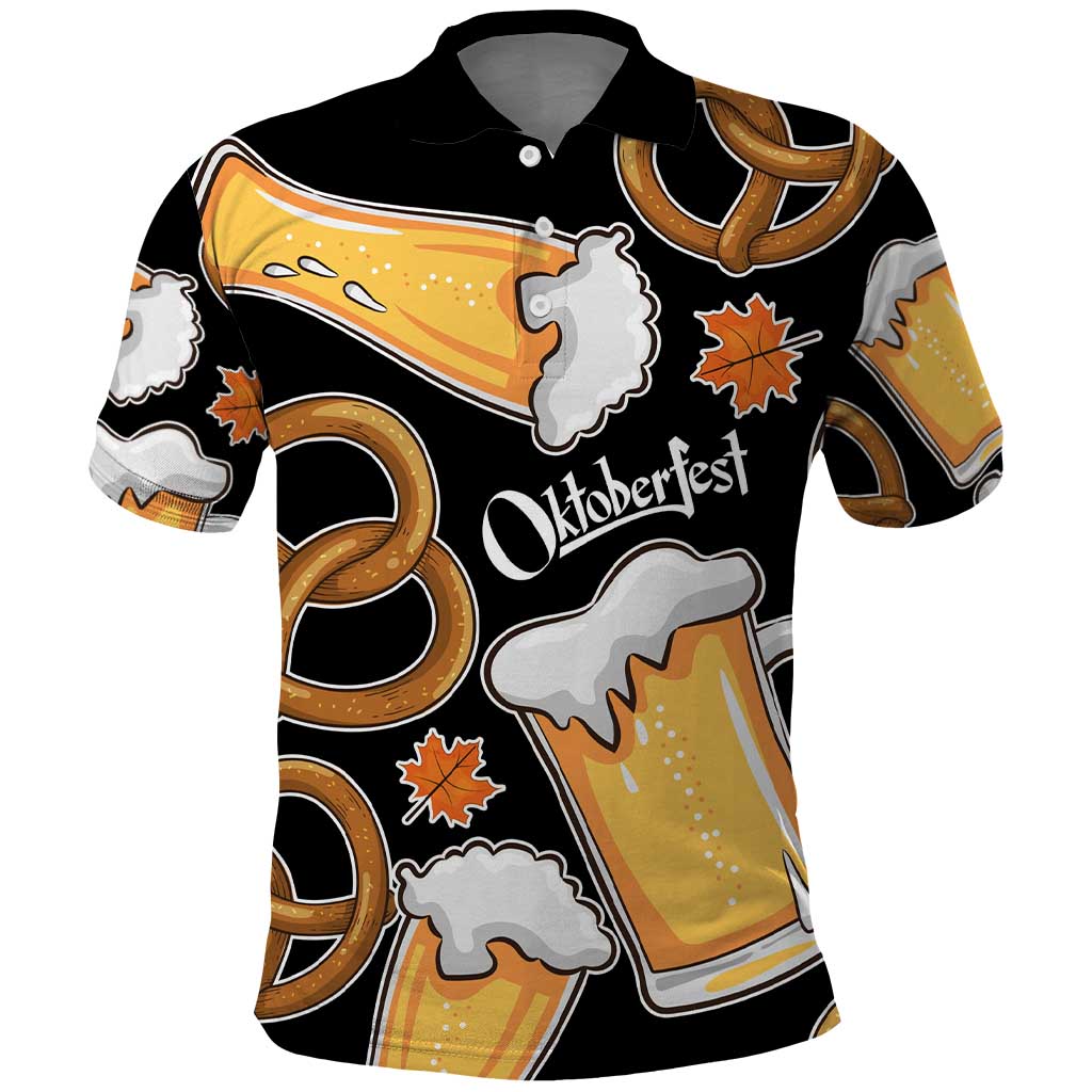 Oktoberfest Polo Shirt with Beer Mug and Pretzel Illustration Black Festive TS04