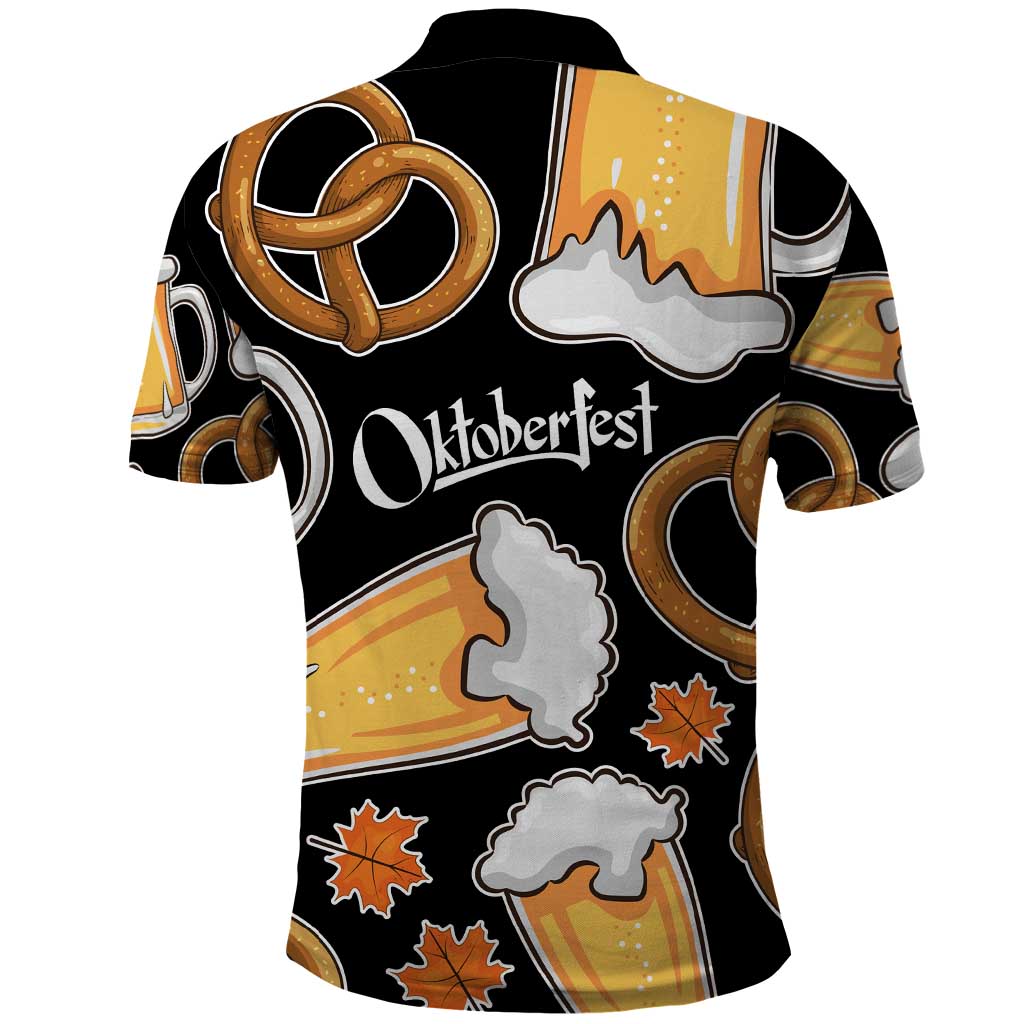 Oktoberfest Polo Shirt with Beer Mug and Pretzel Illustration Black Festive TS04