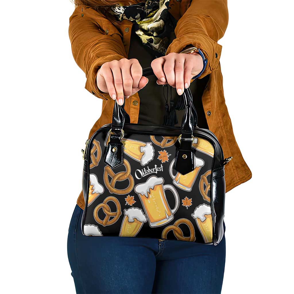 Oktoberfest Shoulder Handbag with Beer Mug and Pretzel Illustration Black Festive TS04