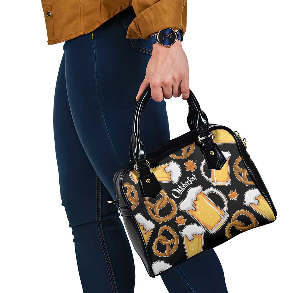 Oktoberfest Shoulder Handbag with Beer Mug and Pretzel Illustration Black Festive TS04