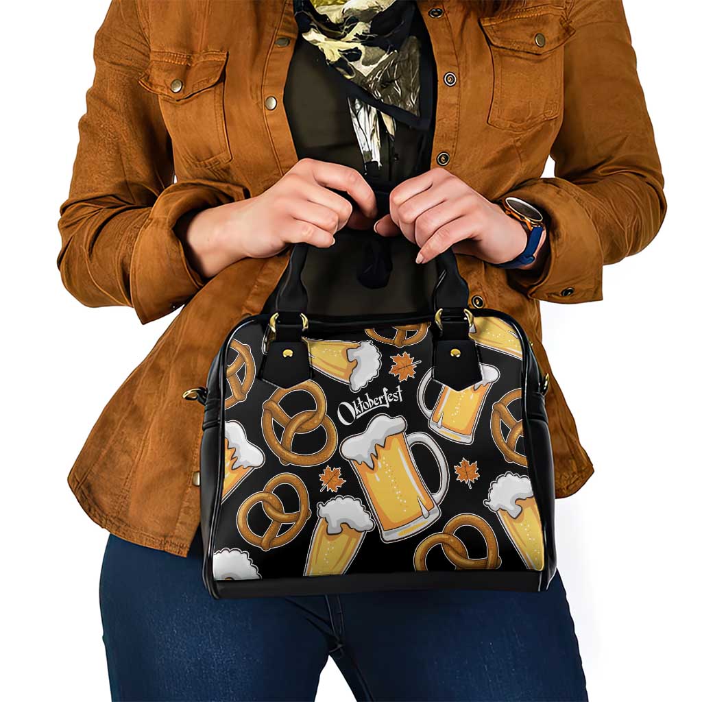 Oktoberfest Shoulder Handbag with Beer Mug and Pretzel Illustration Black Festive TS04