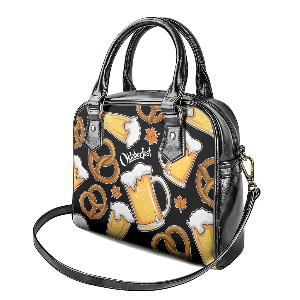 Oktoberfest Shoulder Handbag with Beer Mug and Pretzel Illustration Black Festive TS04