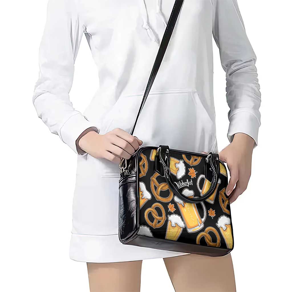 Oktoberfest Shoulder Handbag with Beer Mug and Pretzel Illustration Black Festive TS04