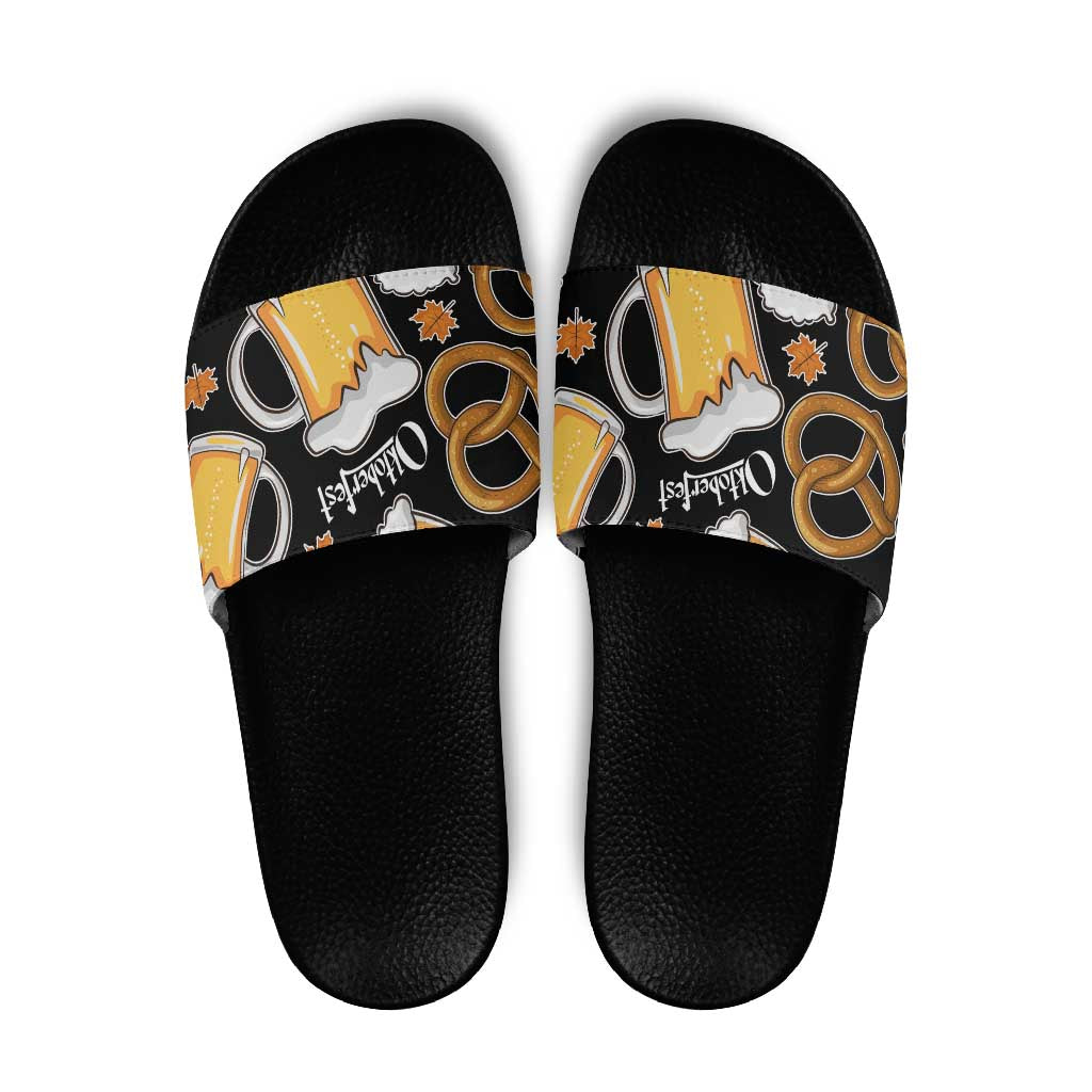 Oktoberfest Slide Sandals with Beer Mug and Pretzel Illustration Black Festive TS04