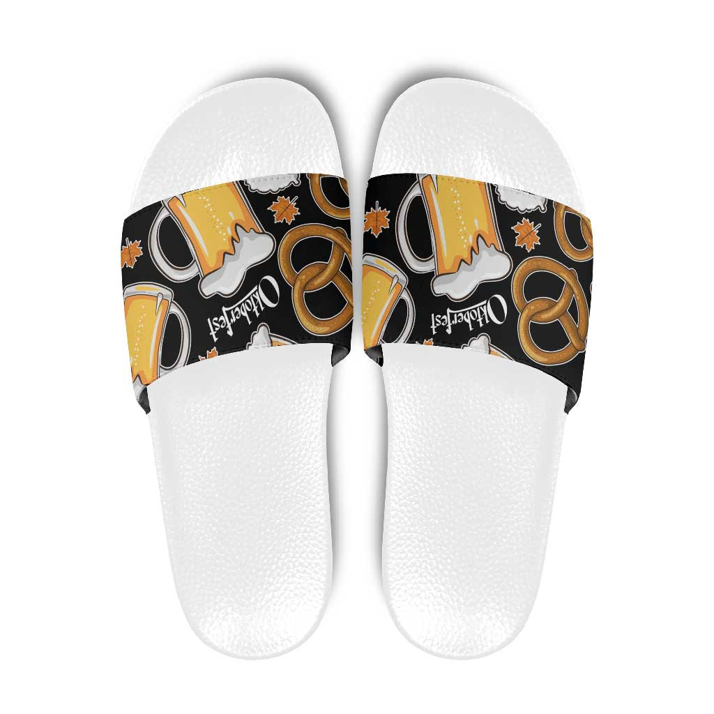 Oktoberfest Slide Sandals with Beer Mug and Pretzel Illustration Black Festive TS04