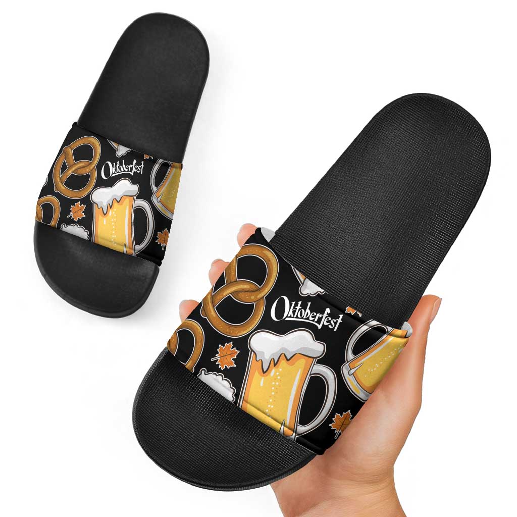 Oktoberfest Slide Sandals with Beer Mug and Pretzel Illustration Black Festive TS04
