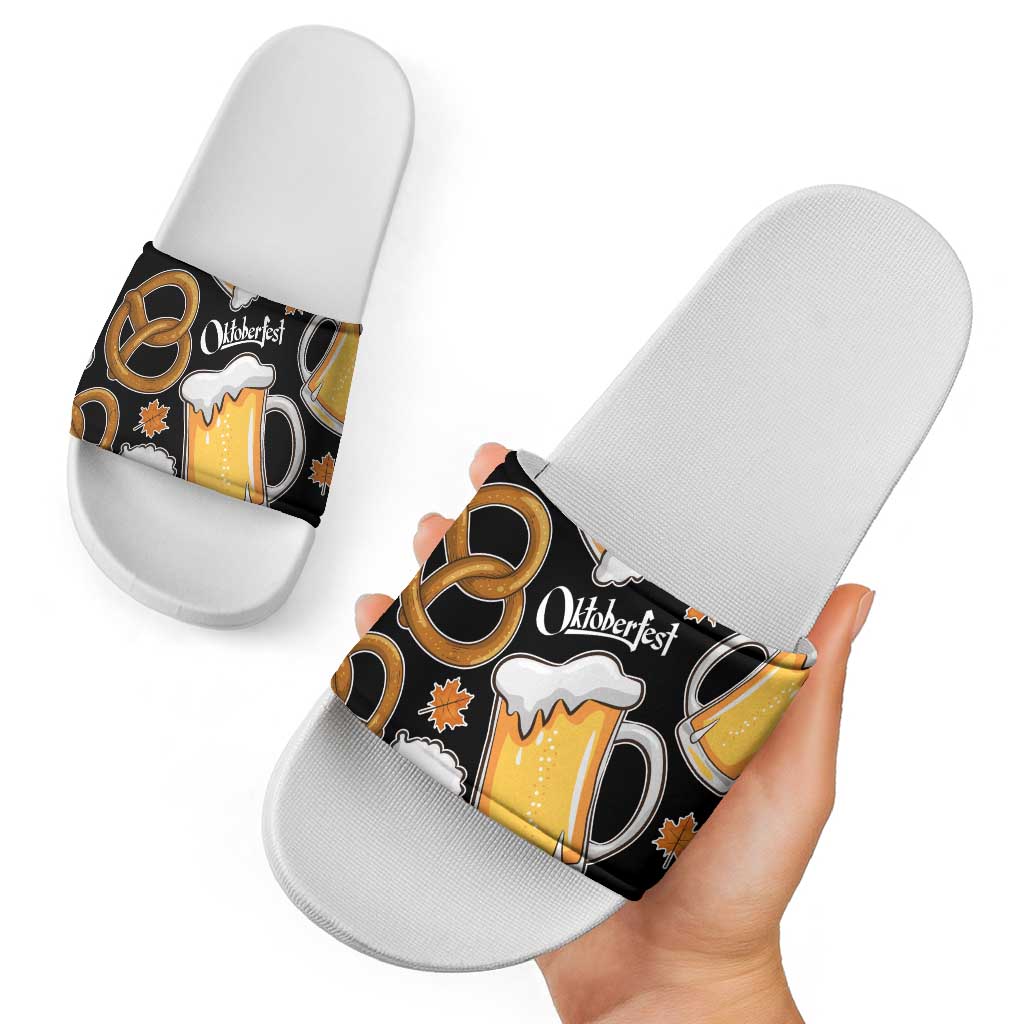 Oktoberfest Slide Sandals with Beer Mug and Pretzel Illustration Black Festive TS04