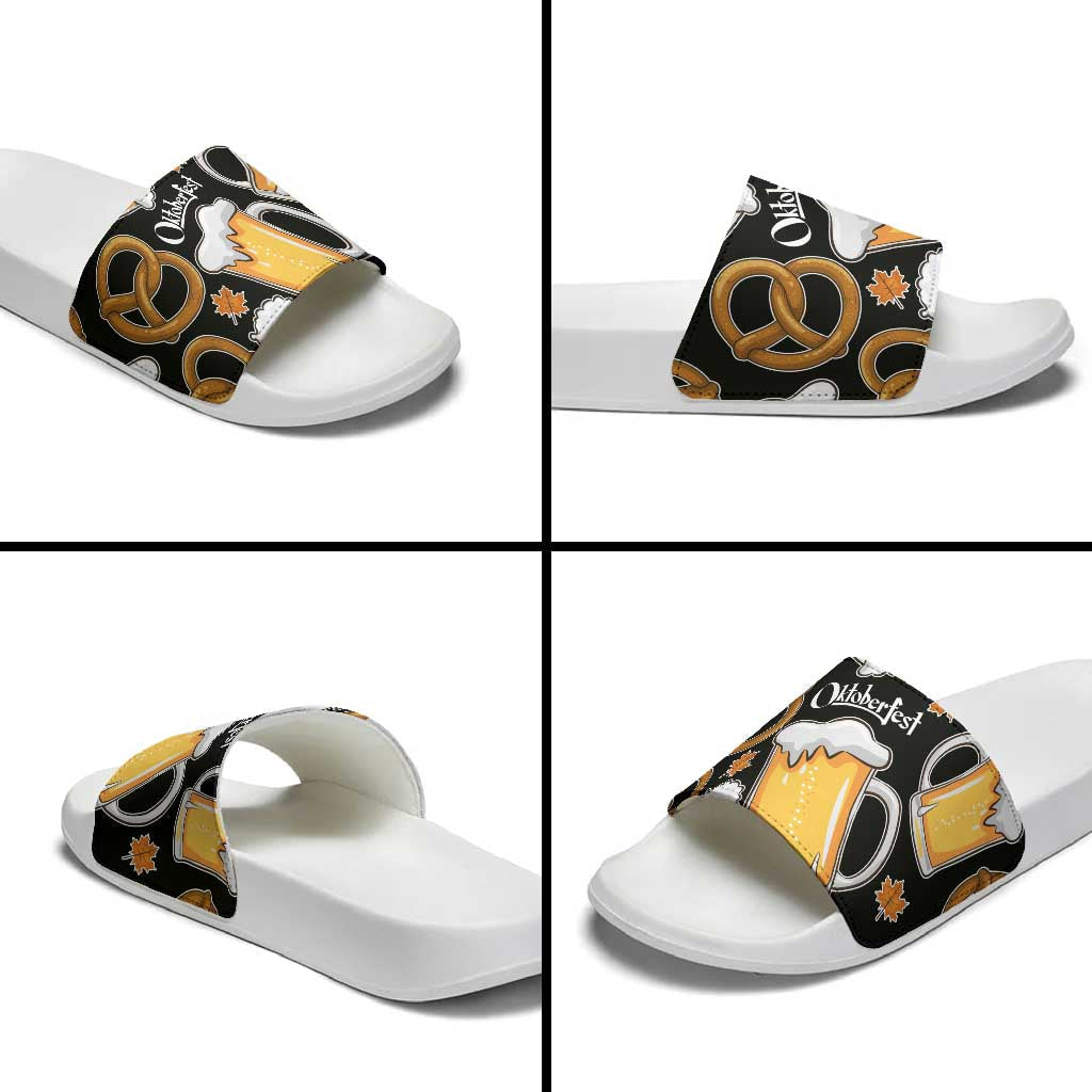 Oktoberfest Slide Sandals with Beer Mug and Pretzel Illustration Black Festive TS04
