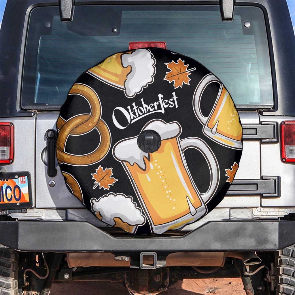 Oktoberfest Spare Tire Cover with Beer Mug and Pretzel Illustration Black Festive TS04