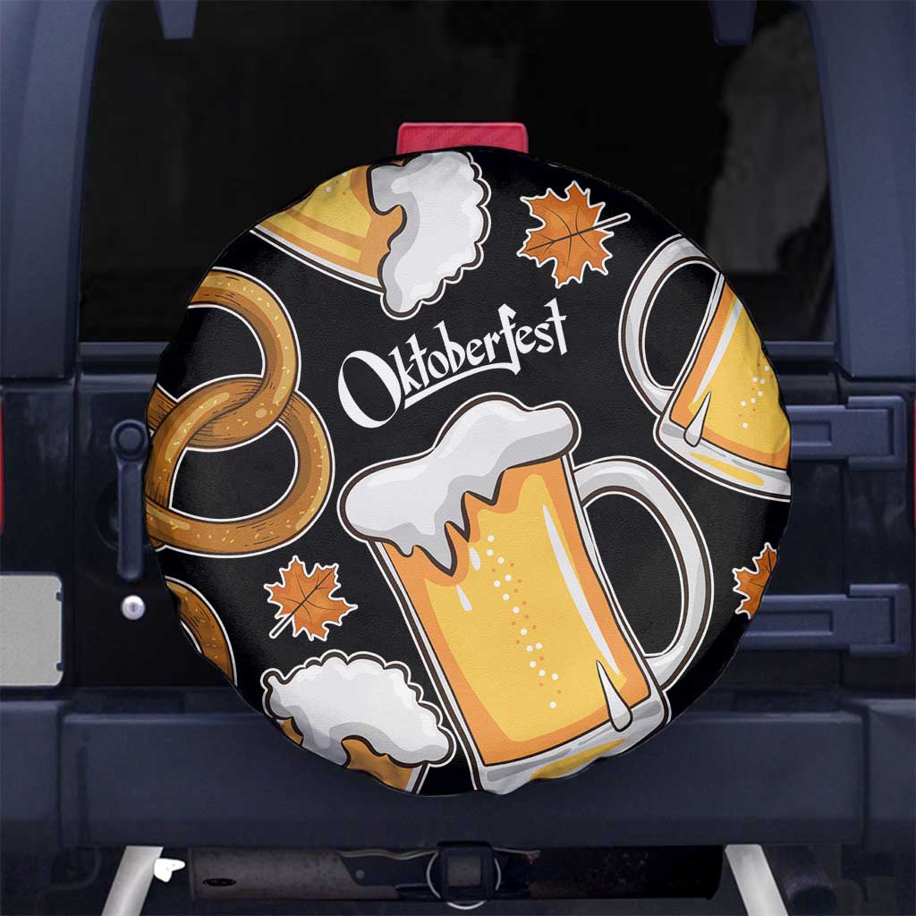 Oktoberfest Spare Tire Cover with Beer Mug and Pretzel Illustration Black Festive TS04