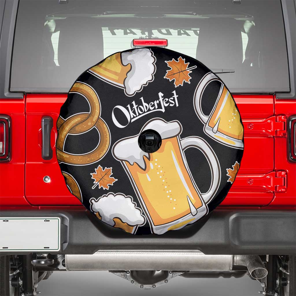 Oktoberfest Spare Tire Cover with Beer Mug and Pretzel Illustration Black Festive TS04
