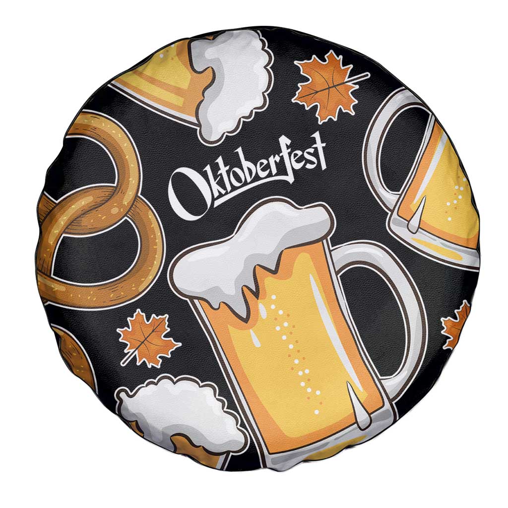 Oktoberfest Spare Tire Cover with Beer Mug and Pretzel Illustration Black Festive TS04