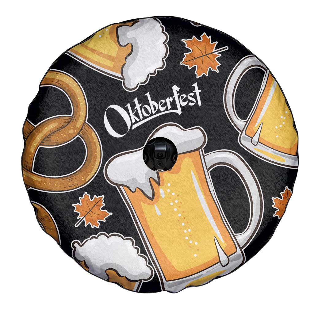 Oktoberfest Spare Tire Cover with Beer Mug and Pretzel Illustration Black Festive TS04