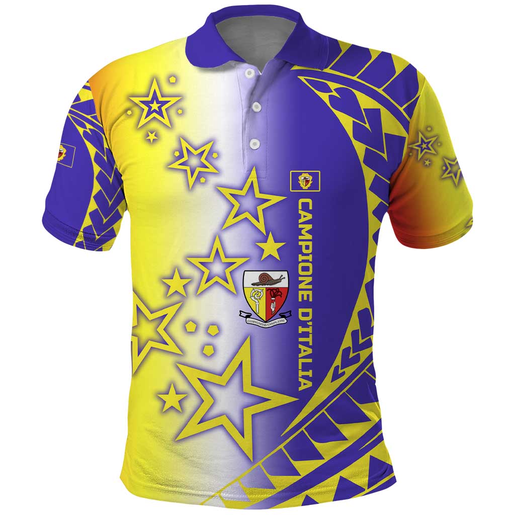 Campione dItalia Polo Shirt with Yellow Purple Star Design and Town Crest TS04