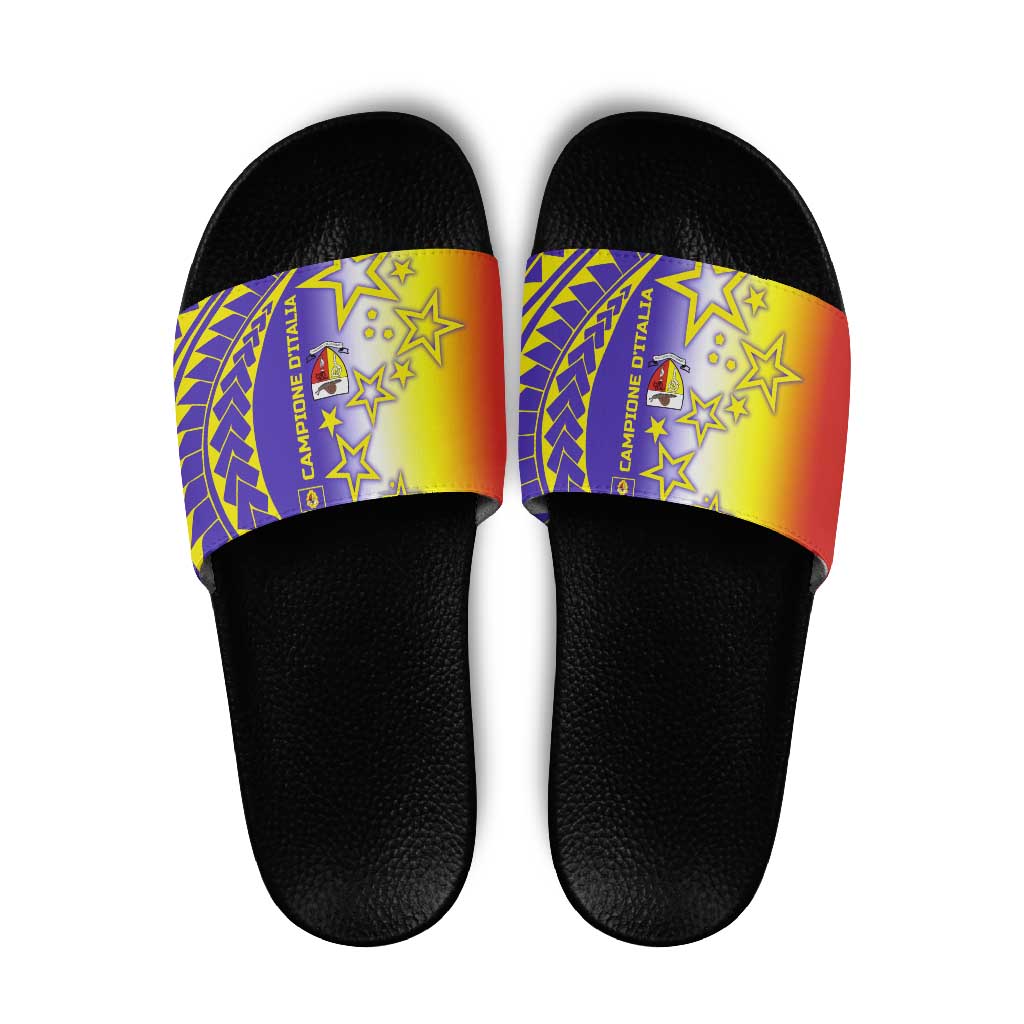 Campione dItalia Slide Sandals with Yellow Purple Star Design and Town Crest TS04