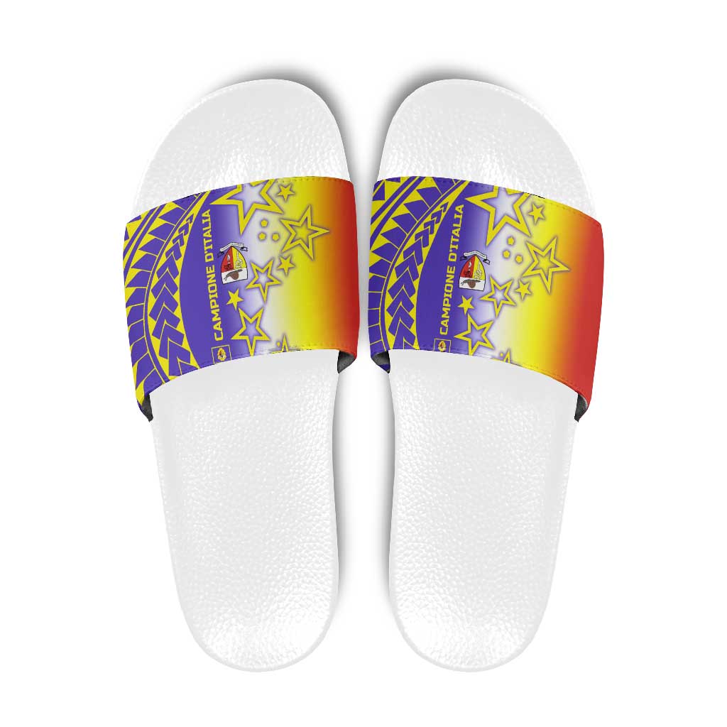 Campione dItalia Slide Sandals with Yellow Purple Star Design and Town Crest TS04