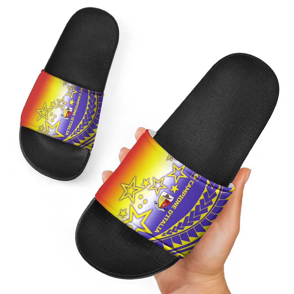 Campione dItalia Slide Sandals with Yellow Purple Star Design and Town Crest TS04