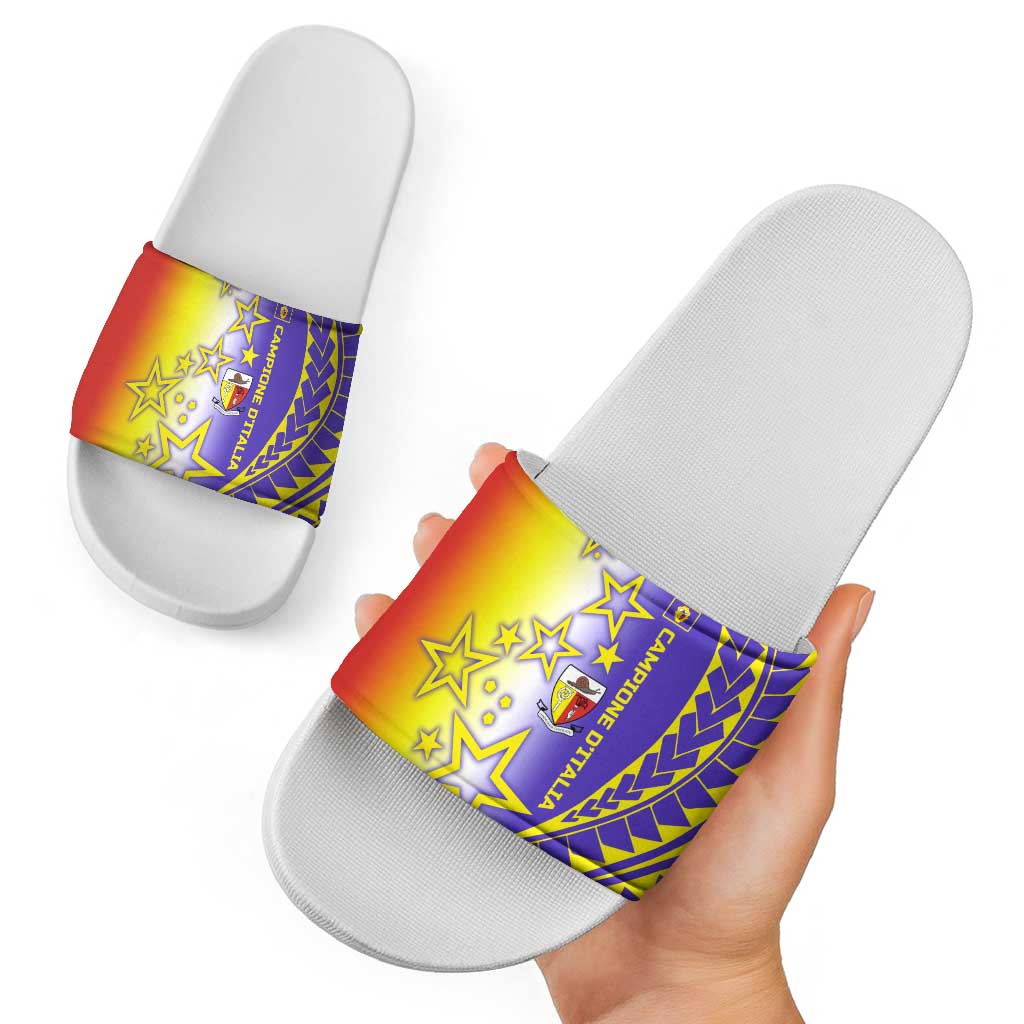 Campione dItalia Slide Sandals with Yellow Purple Star Design and Town Crest TS04