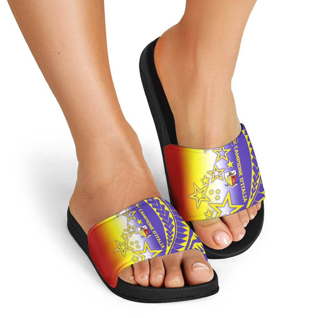 Campione dItalia Slide Sandals with Yellow Purple Star Design and Town Crest TS04