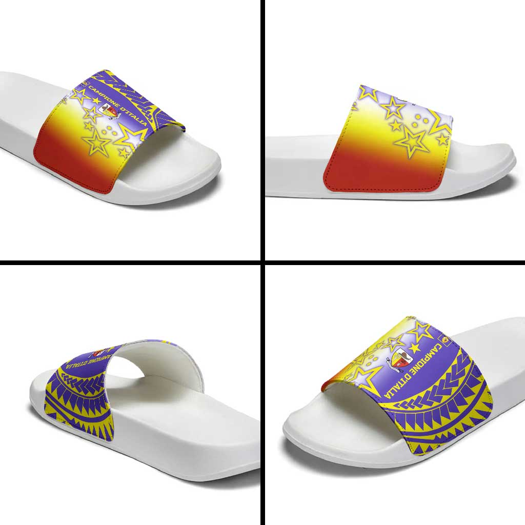 Campione dItalia Slide Sandals with Yellow Purple Star Design and Town Crest TS04