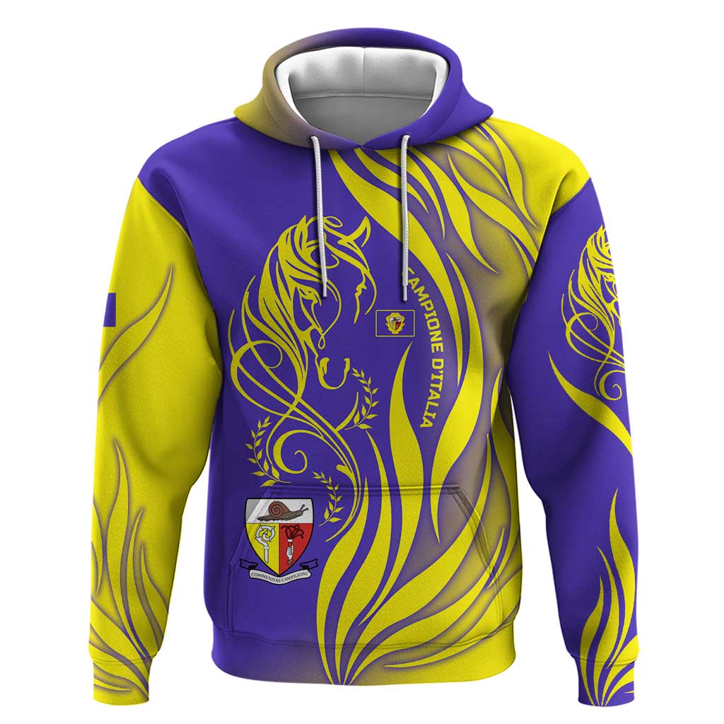 Campione dItalia Hoodie with Yellow Horse Graphic and Purple Flame Crest TS04
