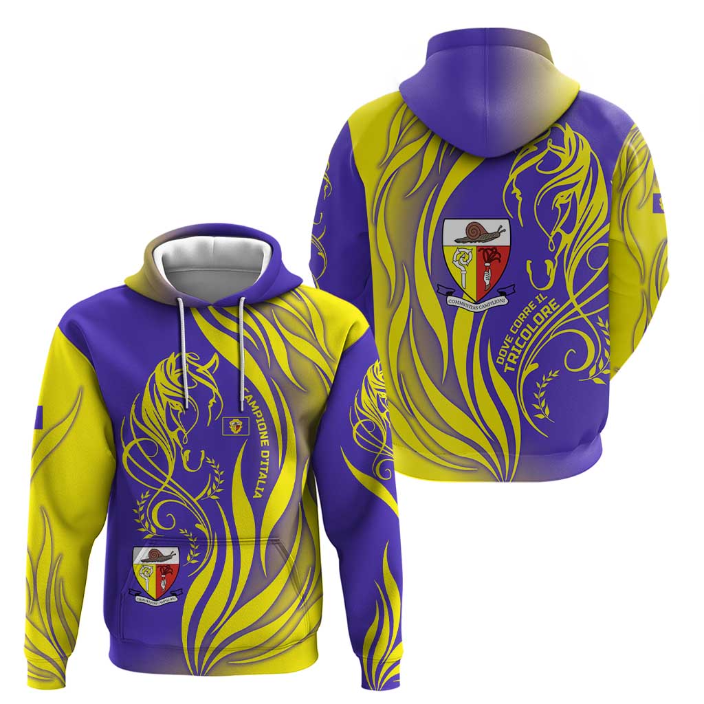 Campione dItalia Hoodie with Yellow Horse Graphic and Purple Flame Crest TS04
