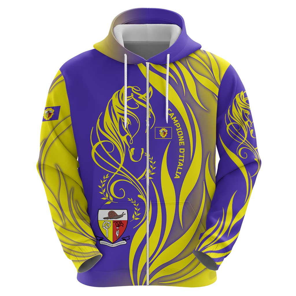 Campione dItalia Hoodie with Yellow Horse Graphic and Purple Flame Crest TS04