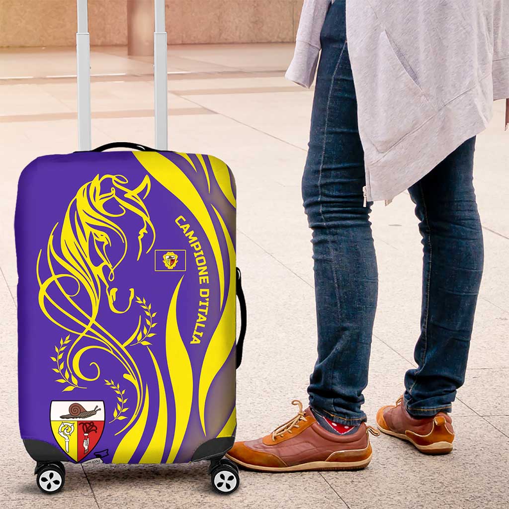 Campione dItalia Luggage Cover with Yellow Horse Graphic and Purple Flame Crest TS04