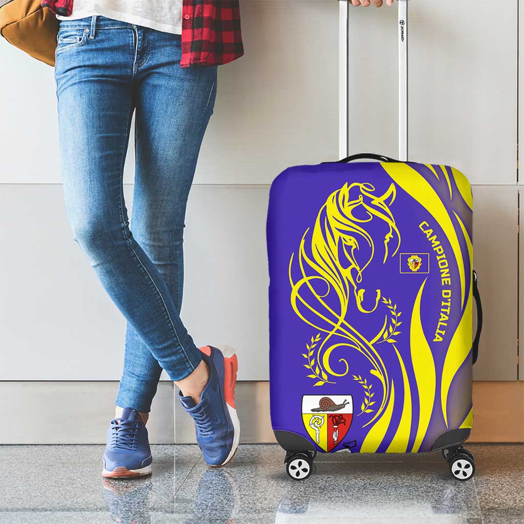 Campione dItalia Luggage Cover with Yellow Horse Graphic and Purple Flame Crest TS04