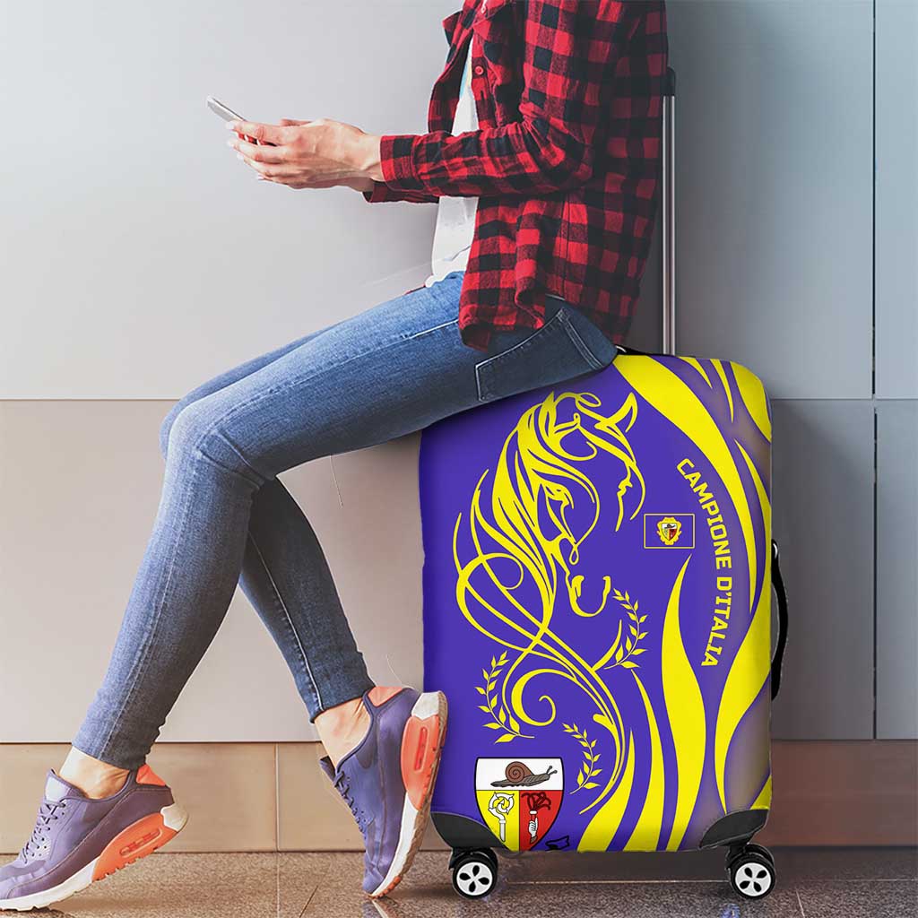 Campione dItalia Luggage Cover with Yellow Horse Graphic and Purple Flame Crest TS04