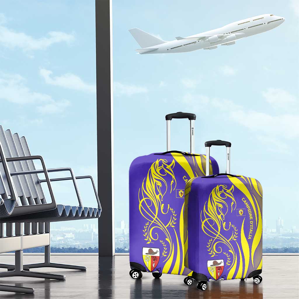 Campione dItalia Luggage Cover with Yellow Horse Graphic and Purple Flame Crest TS04