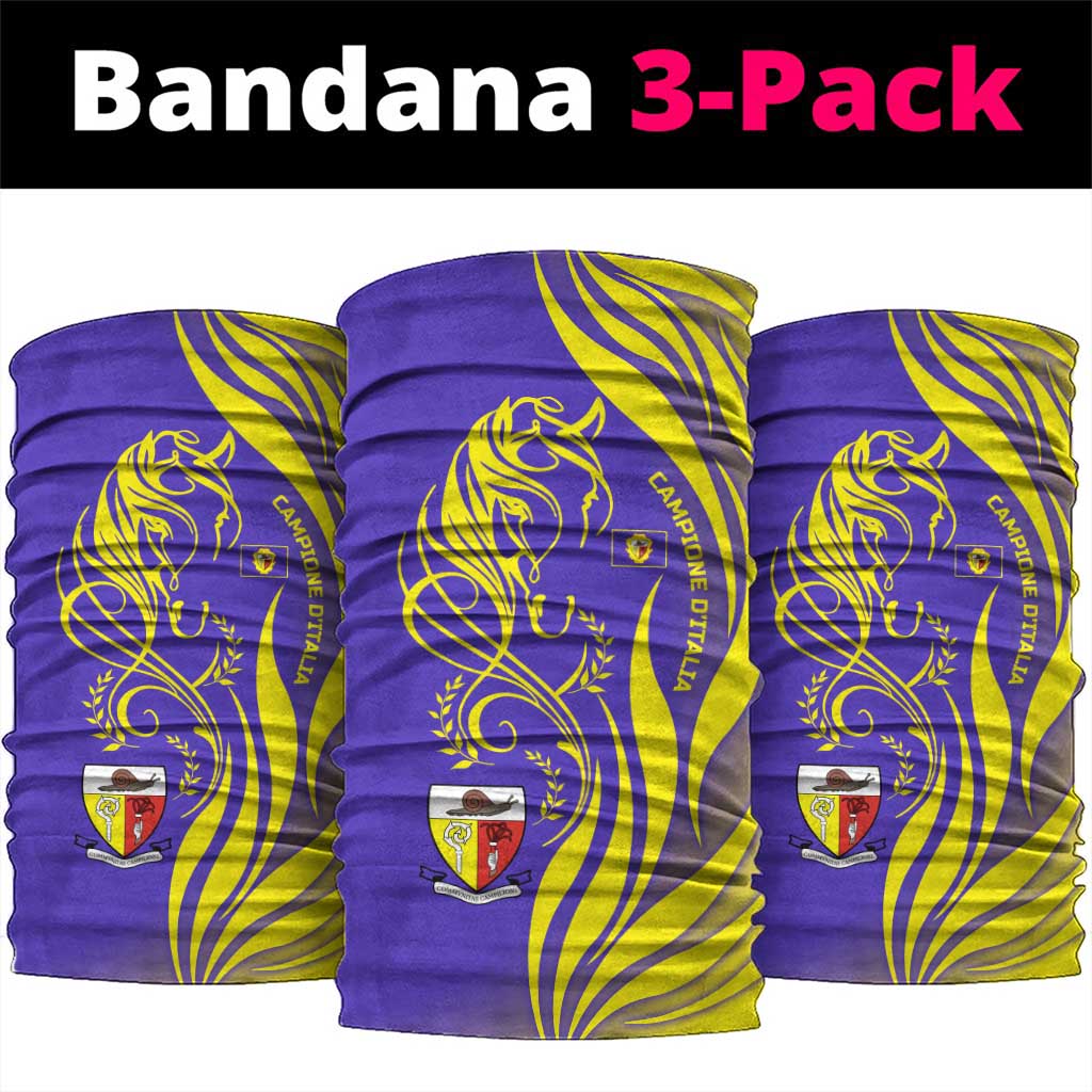 Campione dItalia Neck Gaiter with Yellow Horse Graphic and Purple Flame Crest TS04