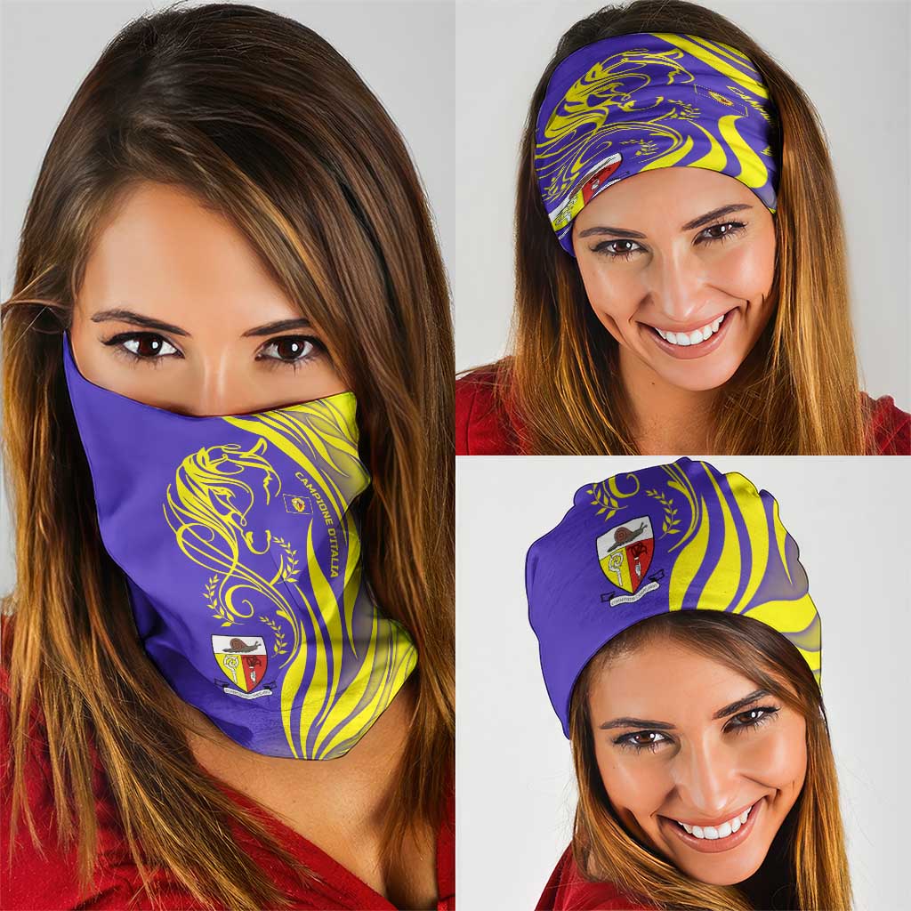 Campione dItalia Neck Gaiter with Yellow Horse Graphic and Purple Flame Crest TS04