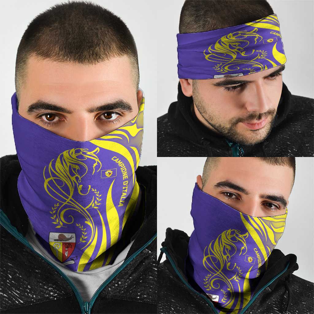 Campione dItalia Neck Gaiter with Yellow Horse Graphic and Purple Flame Crest TS04