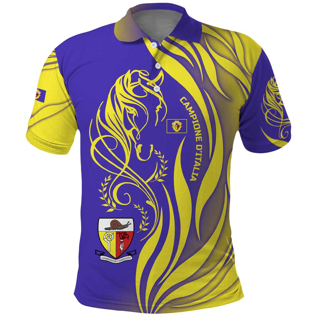 Campione dItalia Polo Shirt with Yellow Horse Graphic and Purple Flame Crest TS04
