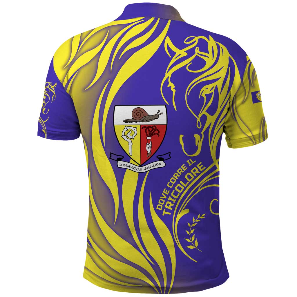 Campione dItalia Polo Shirt with Yellow Horse Graphic and Purple Flame Crest TS04