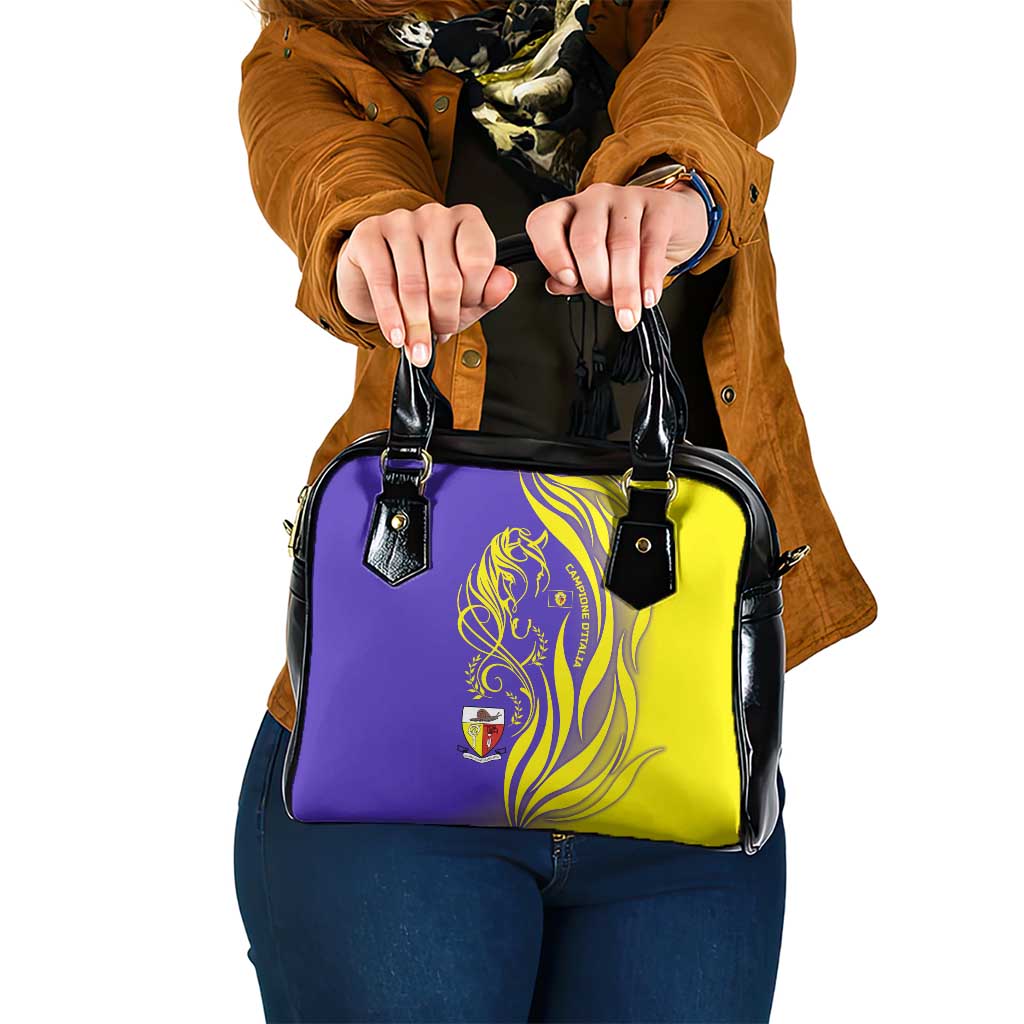 Campione dItalia Shoulder Handbag with Yellow Horse Graphic and Purple Flame Crest TS04