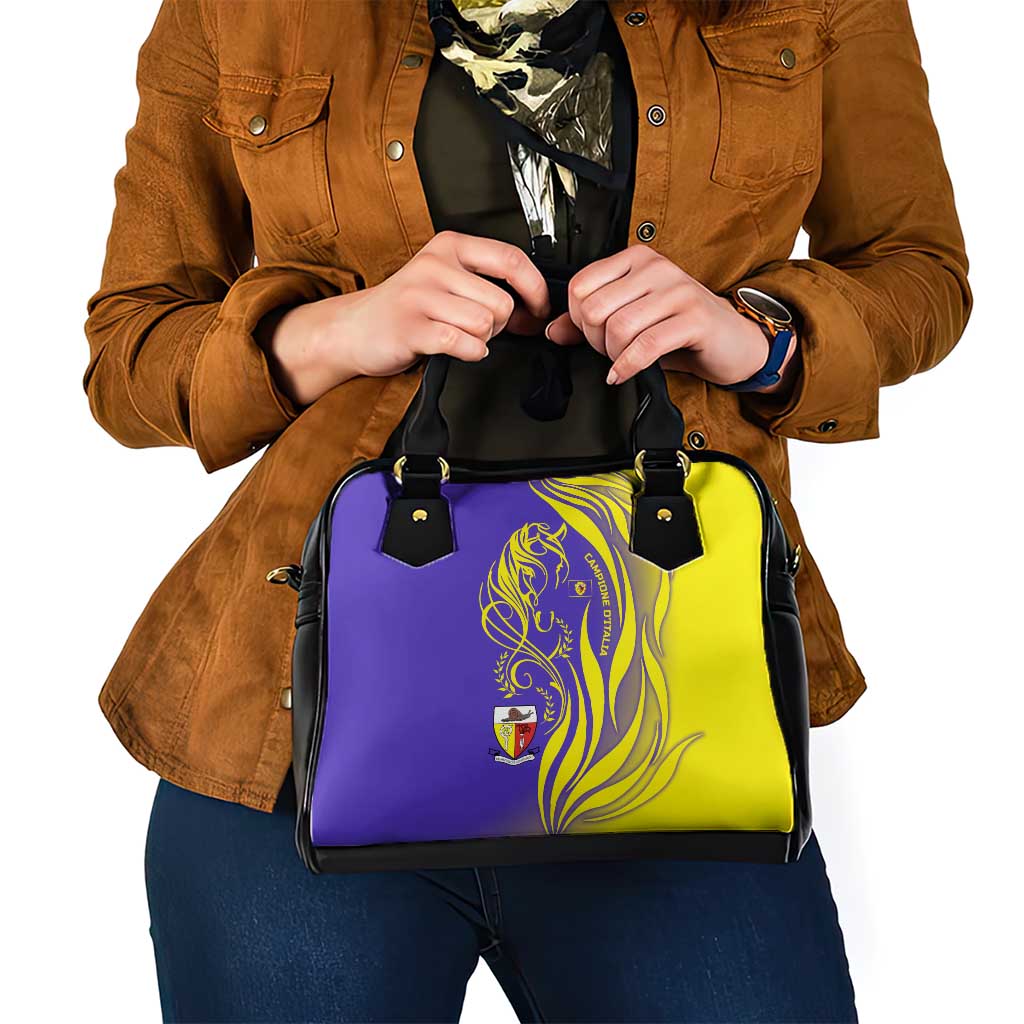Campione dItalia Shoulder Handbag with Yellow Horse Graphic and Purple Flame Crest TS04