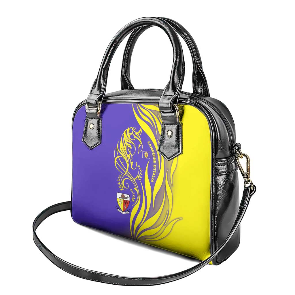 Campione dItalia Shoulder Handbag with Yellow Horse Graphic and Purple Flame Crest TS04
