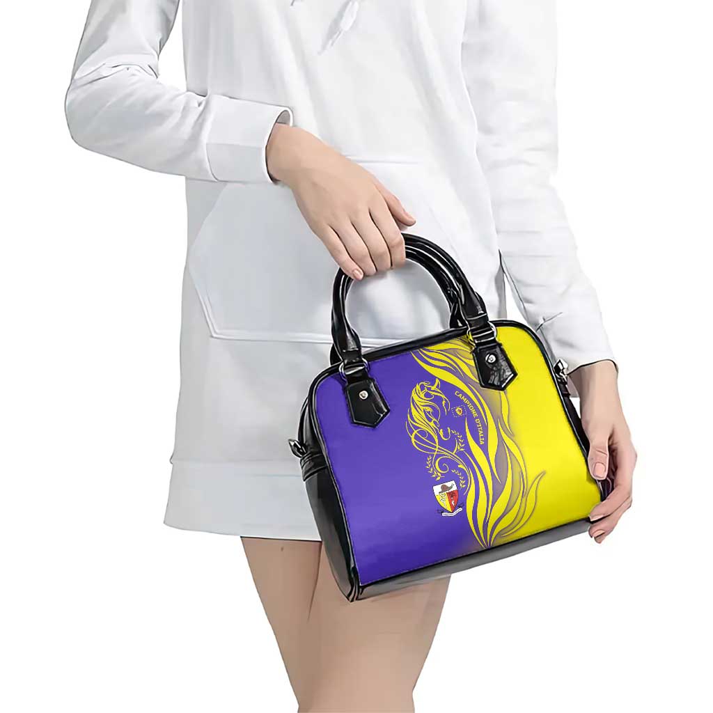 Campione dItalia Shoulder Handbag with Yellow Horse Graphic and Purple Flame Crest TS04