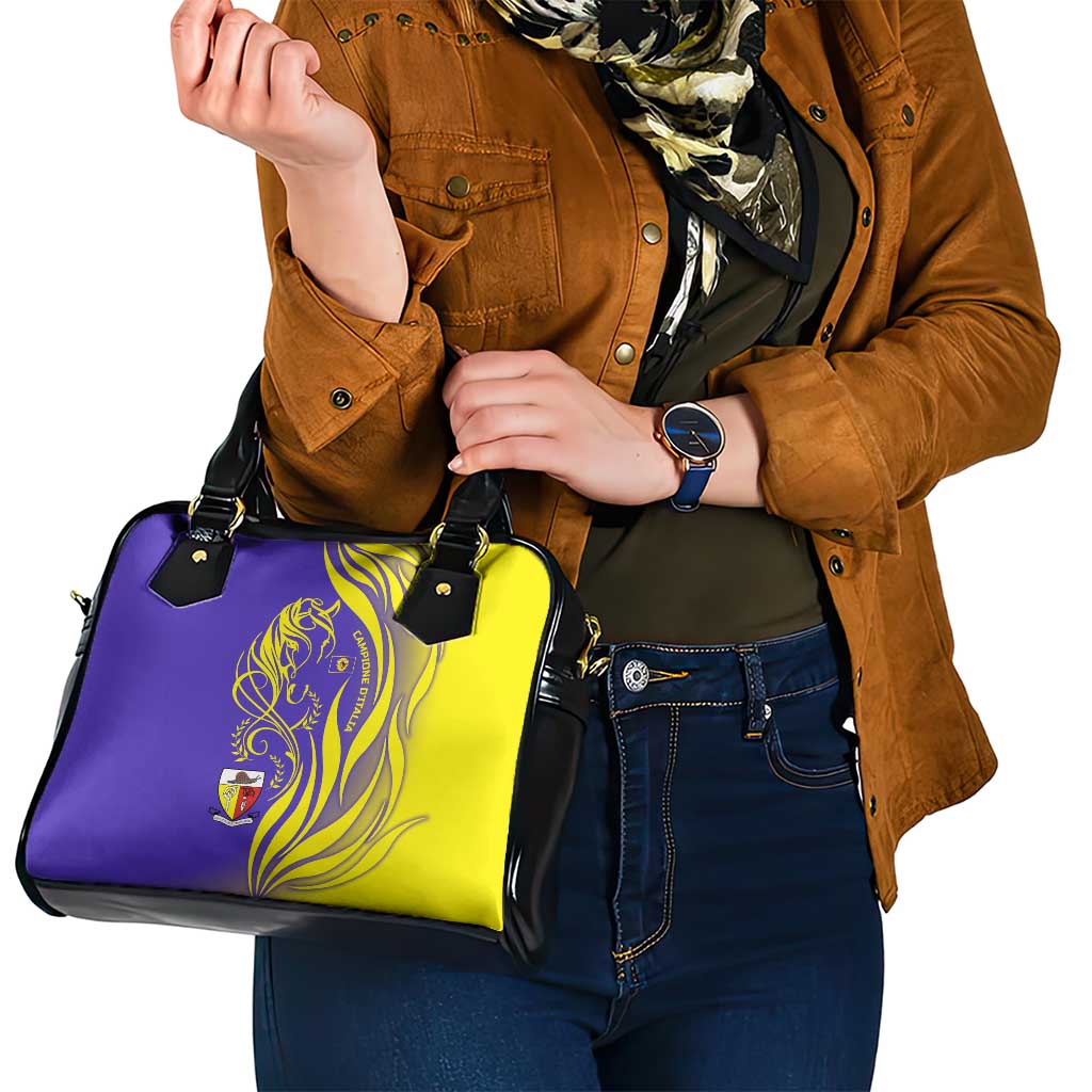Campione dItalia Shoulder Handbag with Yellow Horse Graphic and Purple Flame Crest TS04