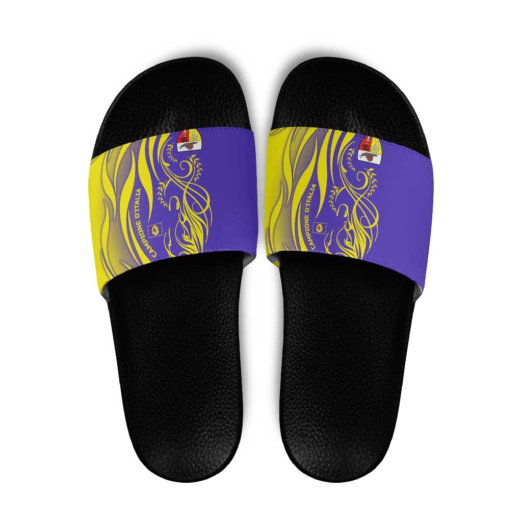 Campione dItalia Slide Sandals with Yellow Horse Graphic and Purple Flame Crest TS04
