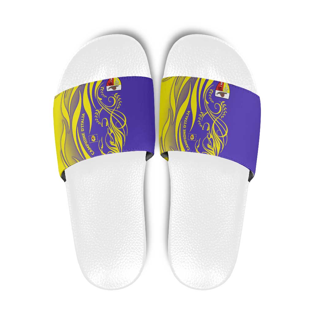 Campione dItalia Slide Sandals with Yellow Horse Graphic and Purple Flame Crest TS04